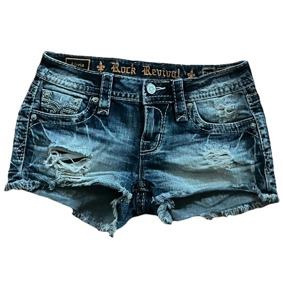 Rock Revival Shorts Jean Y2K Low Rise Cut Off Distressed Rip Raw Hem 26 Festival - Picture 2 of 7
